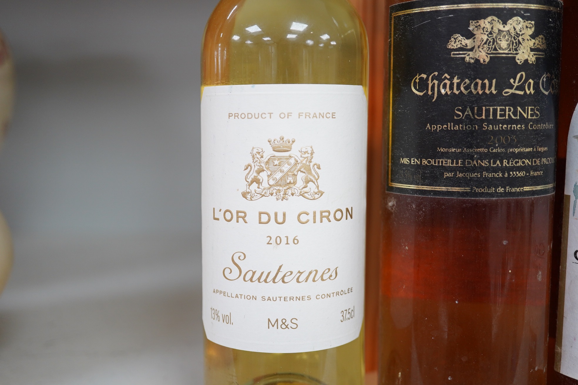 Four half bottles of Sauternes/dessert wine; Chateau Filhot 1981, L'or du Ciron 2016, Chateau La Cote & Goldackerl 2000